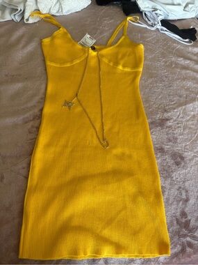 Almost Famous Yellow Ribbed Tank Dress with Chain Detail